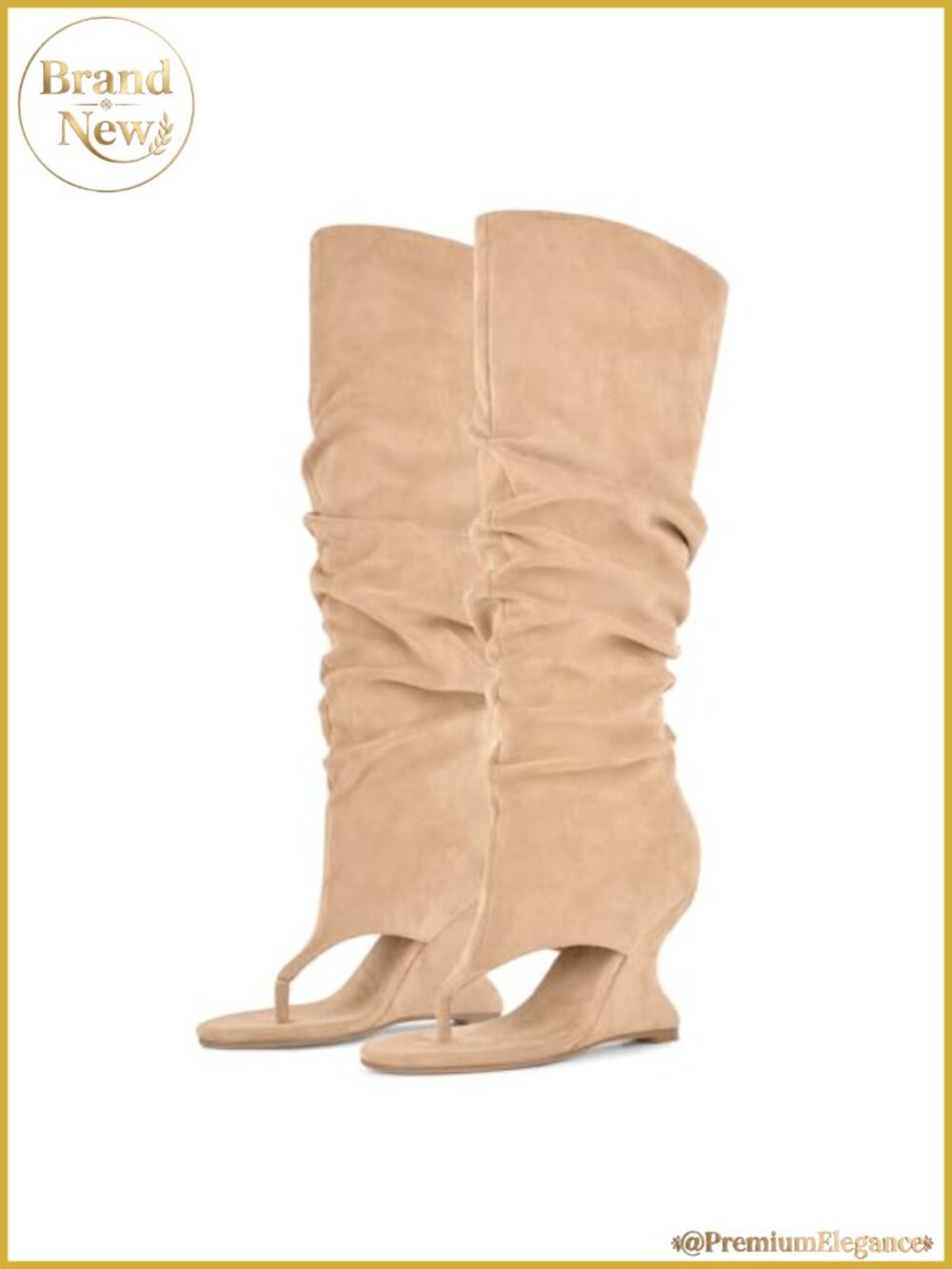 Faux Suede Slouchy Knee High Thong Wedge Boots 4" Heel